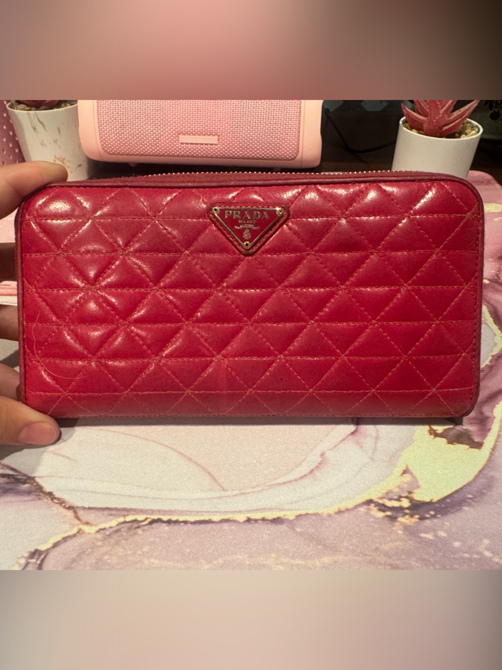 Authentic Prada Quilted Pink-Red Zip Around Wallet